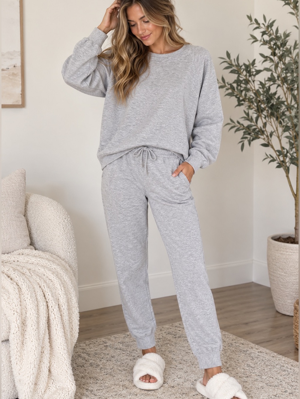 Quince Supersoft Fleece Heather Gray Lounge Set Long Sleeve Sweatshirt & Joggers